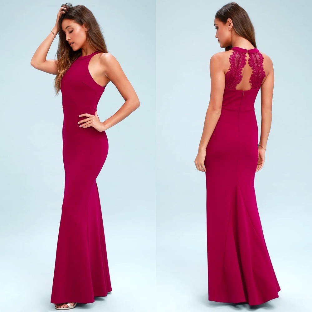 Lulus | Joella Berry Red Lace Halter Maxi Dress